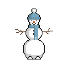 Snowman. New Year and Christmas pixel art on white background. Vector illustration. - 467569899
