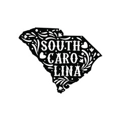 South Carolina state map with doodle decorative ornaments. For printing on souvenirs and T-shirts