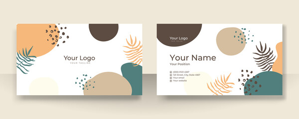 Business card design with elegant organic pattern. Modern concept with tan nude beige champagne brown soft pastel blob, liquid, floral, botanical, minimalist decoration art. Trendy Vector illustration
