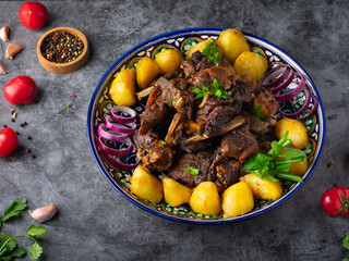 Beef stewed with vegetables, uzbek oriental style cuisine.