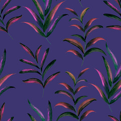 Seamless pattern with watercolor vibrant foliage on violet background. Hand painted illustration. isolated floral.