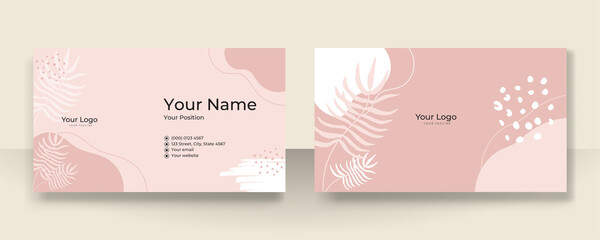 Business card design with nude tan champagne soft pastel brown organic elegant pattern. Modern concept with liquid, blob, brush, floral, leaves, line, beauty decoration art. Vector illustration