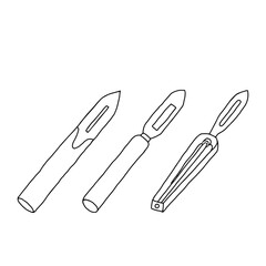 Hand-draw black vector illustration of group of metallic peeler knives tool isolated on a white background