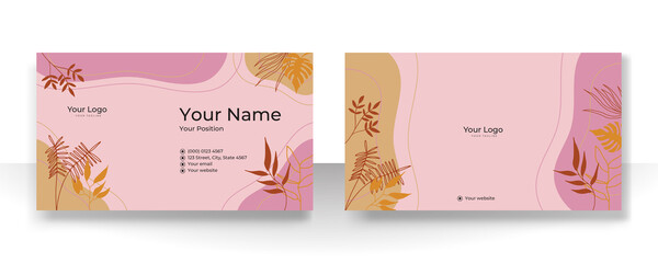 Fototapeta na wymiar Business card design with nude tan champagne soft pastel brown organic elegant pattern. Modern concept with liquid, blob, brush, floral, leaves, line, beauty decoration art. Vector illustration