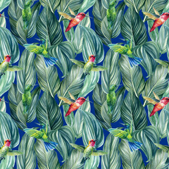 Tropical Seamless pattern of palm leaves, watercolor illustration, hummingbird birds
