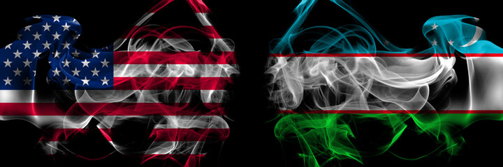 Fototapeta premium United States of America vs Uzbekistan smoke flags placed side by side
