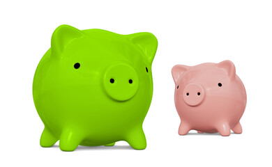 green and pink piggy bank isolated on white background