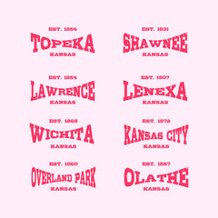 Retro badge Wichita, Topeka, Shawnee, Lawrence, Lenexa, Kansas City, Overland Park, Olathe, Kansas, USA. Visit city logo template for banner, flyer and branding