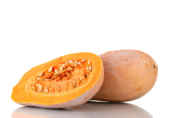 Two halves of ripe organic pumpkin, close-up, isolated on white.