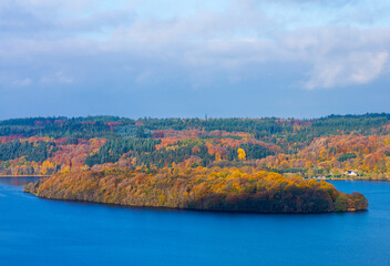 autumn landscape with lake - obrazy, fototapety, plakaty