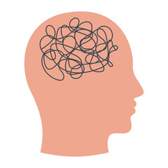 Silhouette of human head with tangled line inside, like brain.