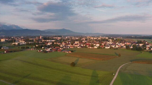 Aerial view of the bavarian city Freising at sunrise - Germany