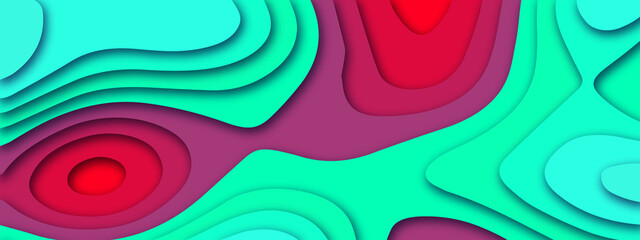 Red and green modern 3d papercut. Papercut multi layers 3D color texture vector background. Abstract topography concept design or flowing liquid illustration for website template.