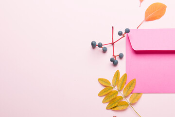 Obraz premium Autumn composition on a bright pink background. Bright autumn leaves. Autumn. Pink contour for letters.