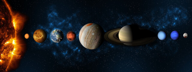 Solar system planet, comet, sun and star.Sun, mercury, Venus, planet earth, Mars, Jupiter, Saturn, Uranus, Neptune. Science and education background. Elements of this image furnished by NASA.