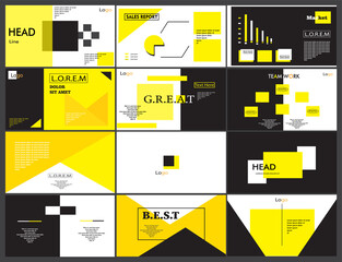 Powerpoint template in black and yellow colors. Interface, infographic, UI, UX element. Web design and brochure and magazine layout. Power point template set. Web banner and backgrounds. Presentation.