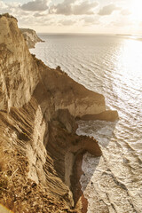 View of Logas Beach and the amazing rocky cliff in Peroulades. Corfu island. Greece