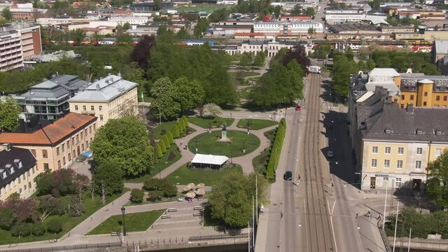 Carl Johans park with statue of king Karl Johan XIV in urban area, Sweden