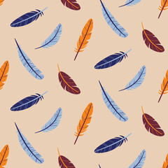 Seamless pattern of flying and falling feathers. Color vector illustration.