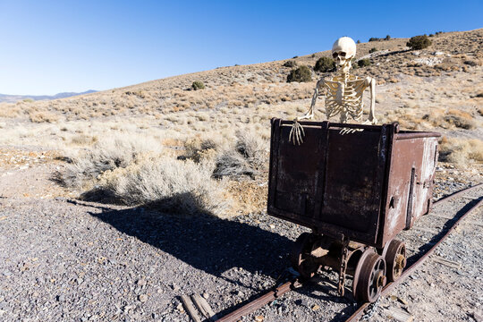 Skeleton Joyriding In An Ore Cart In The Desert Side View