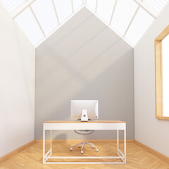 Nordic working room with translucent roof and gray wall, wooden floor. 3D rendering