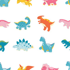 dinosaur seamless pattern. cute cartoon triceratops, reptile, dragon, monster flat pattern. Seamless texture with baby kid animal. Stock vector illustration on a white background.