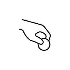 Transfer of money, donations line icon in black. Coin in hand. Fall out. Cash back logotype. Donate or save concept. Flat isolated symbol for: logo, app, emblem, design, web, ui, ux. Vector EPS 10