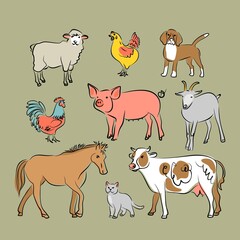 Hand-drawing farm animals and birds. Cute pig, cow, horse, sheep, goat, chicken, rooster. Vector illustration