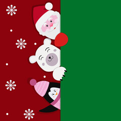 Merry Christmas postcard design. Funny penguin, reindeer, bear and Santa with gifts and tree on red background. Vector illustration for New Year poster, greeting card, party invitation templates