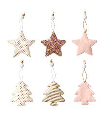 Set of Christmas tree toys from fabric in pink, white and gold colors isolated on a white background. Decor elements, decoration for the New Year.