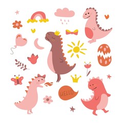 Set of funny dinosaurs. Pink dinosaur. Vector illustration