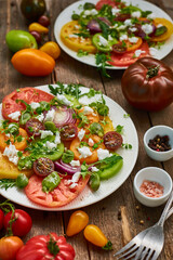 Tomato salad with onion, feta cheese, rocket