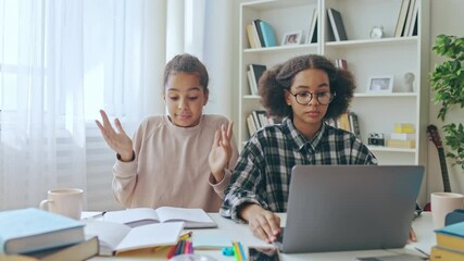 Confused classmates thinking of math problem, studying at home, education - Powered by Adobe