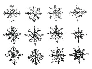 Set of snowflakes, winter holiday decoration. Collection of snowflakes for christmas winter design. Hand drawn black doodle sketch outline. Vector illustration.