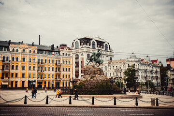 Monument of Bohdan Khmelnitsky with a mace in the center of Kiev. Ukrainian attractions in spring.