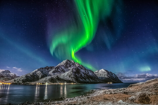 Aurora Borealis, the Northern lights on sky in Lofoten islands, northern Norway © stein