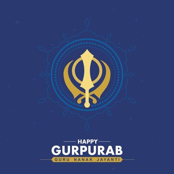 Guru Nanak Jayanti - know as Gurpurab. Guru Nanak Birthday Wishing Creative Banner. Editable Illustration of symbol of Sikhism.