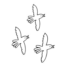 Hand-drawn black vector illustration of a group of doves is flying on a white background