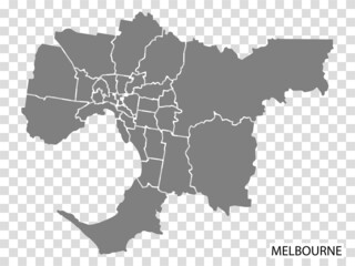 Fototapeta premium High Quality map of Melbourne is a city of Australia, with borders of the regions. Map of Melbourne for your web site design, app, UI. EPS10.