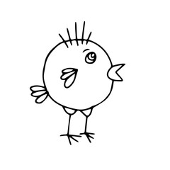 Hand-drawn black vector illustration of one fun chicken isolated on a white background for coloring book