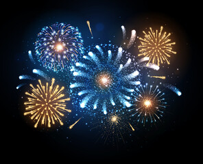 Vector holiday festival blue and gold firework. Independence day, Christmas, New Year party