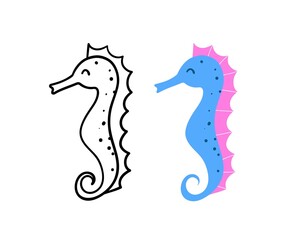 Hand drawn cute seahorse. Ocean life. Vector illustration.