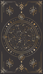 Vector golden celestial background with ornate outline geometric frame, magical circle with stars, zodiac constellations, moon phases and concentric circles. Occult linear banner. Tarot cards cover