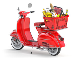 Express food delivery. Scooter and shopping basket with food.