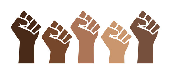 Black Lives Matter power pride fists, black history month, brown skin isolated, prejudice discrimination activism vector illustration, african american, people of color, graphic clip art.