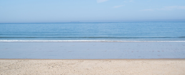 Fototapeta na wymiar Wide background of coastline. Sky, sea and sand lines. Horizontal lines of seashore