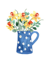 Watercolor illustration, a bouquet of daffodils in a blue pot with polka dots. Ideal for the design of postcards, stickers,