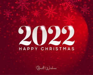 Happy Christmas new years 2022. Greeting card with date and Christmas ornament balls and snow flake on red background.