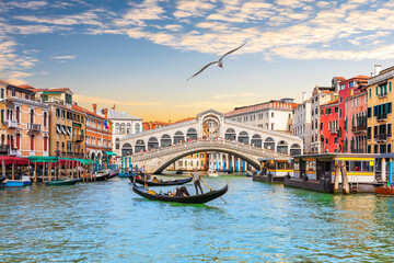 Fototapeta na wymiar Seagull flies by the Rialto Bridge, a popular landmark of Venice, Italy