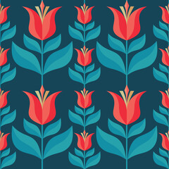 Decorative background design. Flowers and leaves mid-century modern vector artwork. Abstract geometric seamless pattern. Decoration floral ornament in retro vintage design style. Red tulip flowers.